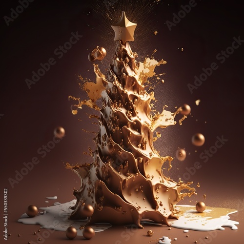 Christmas tree made of milk chocolate, splash of liquid, golden lighting 