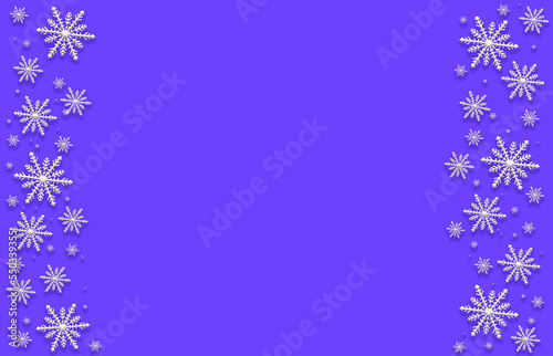 Winter violet magenta saturated bright background with random snowflakes two sideways. Christmas, New Year card with copy space.