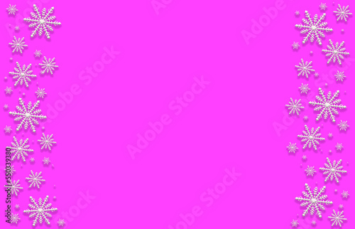 Winter purple magenta saturated bright background with random snowflakes two sideways. Christmas, New Year card with copy space.