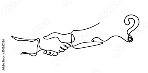Abstract handshake with question mark as line drawing on white background. Vector
