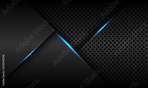 Abstract blue light black shadow line geometric on dark grey metallic circle mesh design modern luxury futuristic background vector