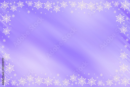Winter violet gradient background with diagonal slanted waves and white snowflakes on the top, bottom, sides, along the contour. Wonderful congratulation, invitation, message for Christmas, New Year.