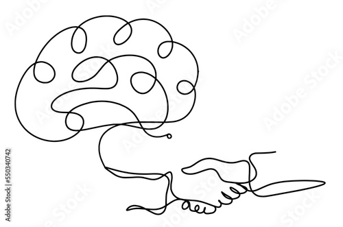 Abstract handshake with brain as line drawing on white background. Vector