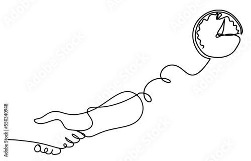 Abstract handshake with clock as line drawing on white background. Vector
