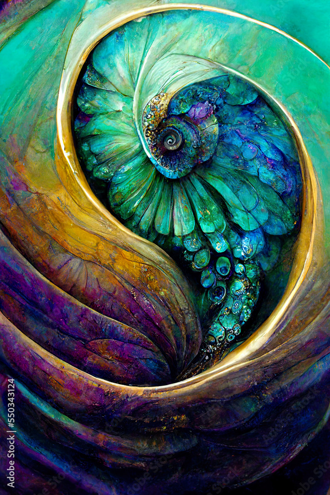 background in peacock colors, fictional seashell nautilus, beautiful iridescent colors, background, illustration, digital