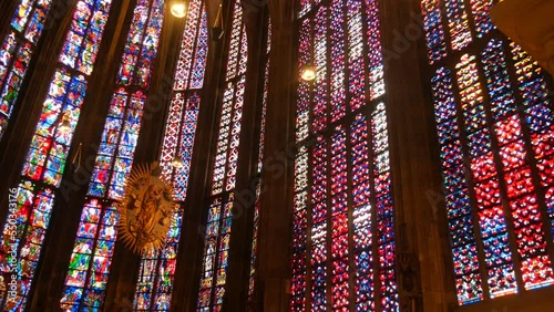 Aachen, Germany - October 10, 2022: Beautiful vintage stained glass windows inside in front of the altar of the ancient Aachen Cathedral