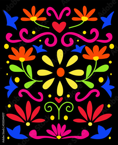 Mexican style abstract patterns with colorful floral illustrations. Traditional background design 