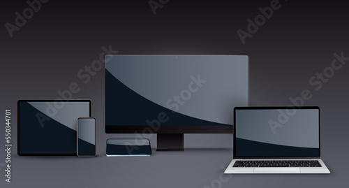 Black desktop computer display screen smartphone portable notebook. Outline mockup electronics devices phone and laptop.Vector isolated device screen for graphics presentations wallpaper design.