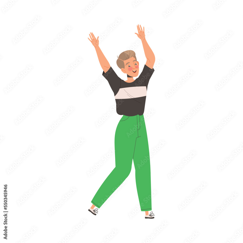 Fototapeta premium Young Man Character Raising Hands in Triumph Showing Hand Gesture Expressing Positive Emotion Vector Illustration