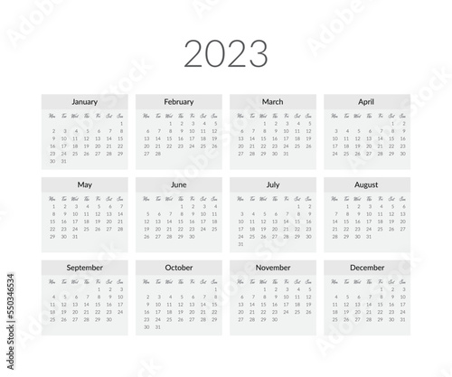 2023 year calendar template. Vector illustration