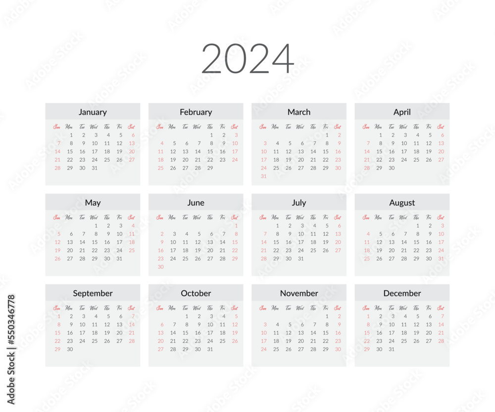 2024 year calendar template. Vector illustration 2024 year calendar template. Vector illustration