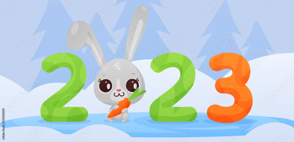 Cute cartoon gray bunny, rabbit, with ginger, green numbers 2023 on winter landscape. Symbol of new year. Vector illustration for postcard, banner, design, arts, web, calendar, advirtising