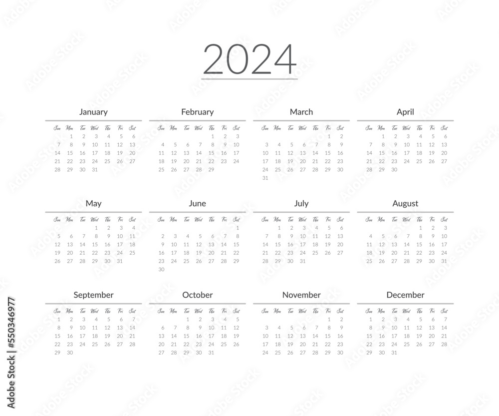 2024 year calendar template. Vector illustration 2024 year calendar template. Vector illustration
