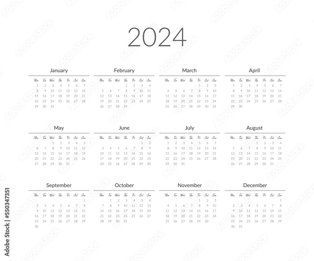 2024 Year Calendar Template Vector Illustration Stock Vector Adobe Stock