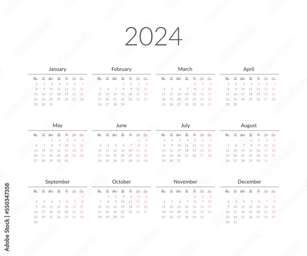 2024 year calendar template. Vector illustration 2024 year calendar template. Vector illustration
