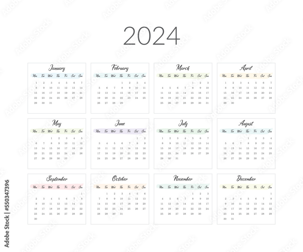 2024 year calendar template. Vector illustration 2024 year calendar template. Vector illustration