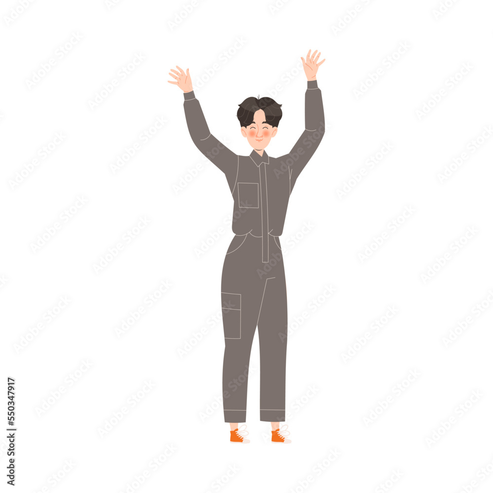 Happy and Rejoicing Man Character Cheering Raising Hands Up Vector Illustration Happy and Rejoicing Man Character Cheering Raising Hands Up Vector Illustration