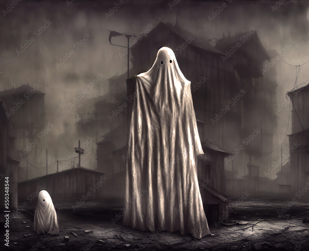 Ominous bedsheet ghost in a creepy environment. Digital illustration. Ominous bedsheet ghost in a creepy environment. Digital illustration.