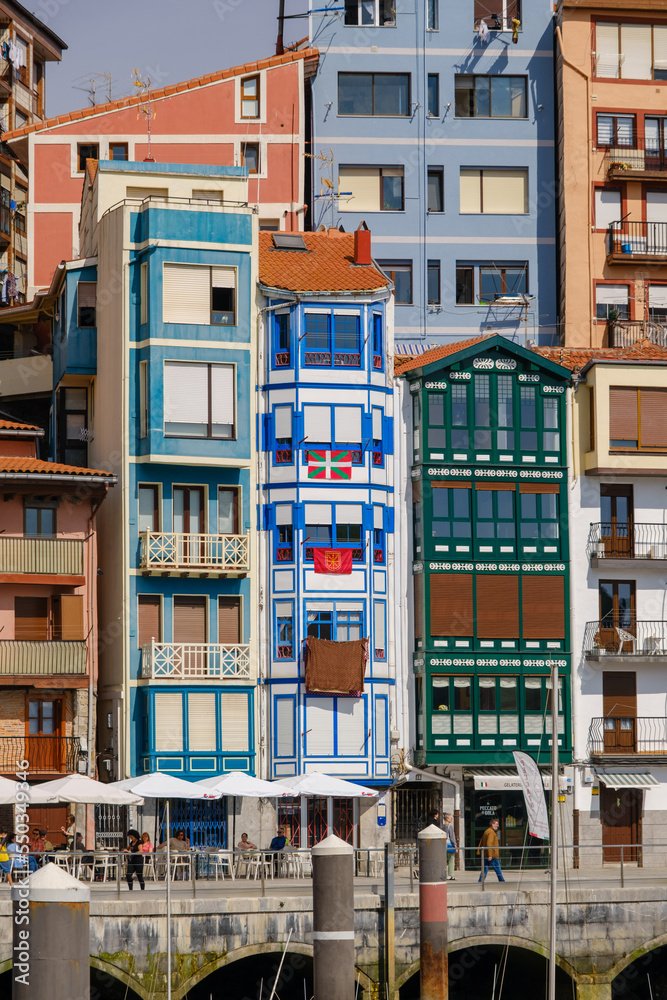 Village in the Basque Country, with colorful vertical houses 