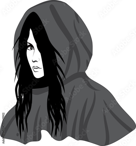Mysterious woman girl in a hood avatar. Made on a urban style in the category of underground street art. Can be used for logo, graffiti, print, avatar. Vector graphics