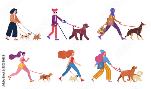 Modern Women Walking with Dogs on Leashes