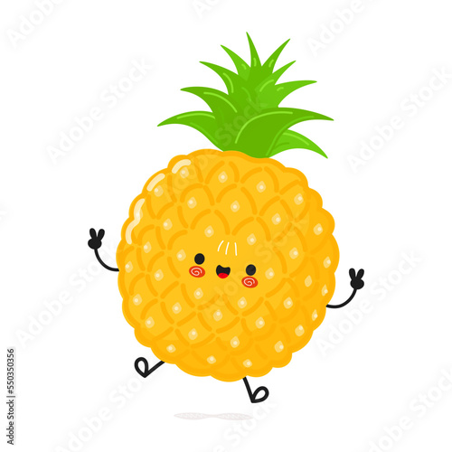 Cute funny pineapple jump character. Vector hand drawn cartoon kawaii character illustration icon. Isolated on white background. Pineapple character concept