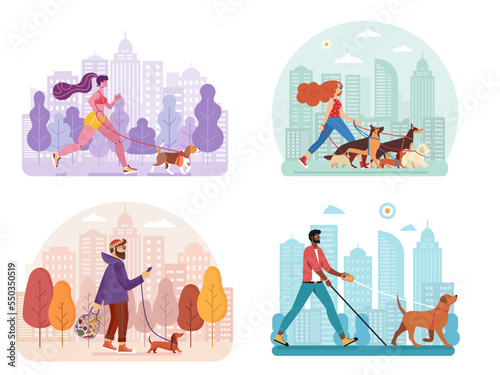 City Men and Women Walking with Dogs
