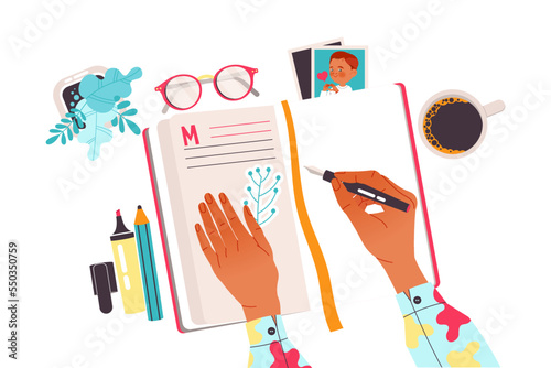 Hands with Pen Writing in Notepad as Working with Text Process Above View Vector Illustration