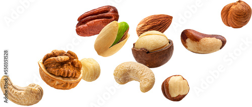 Set of flying nuts isolated photo