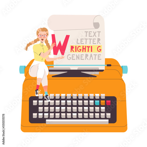 Woman Character Sitting on Huge Typewriter Working with Text Vector Illustration
