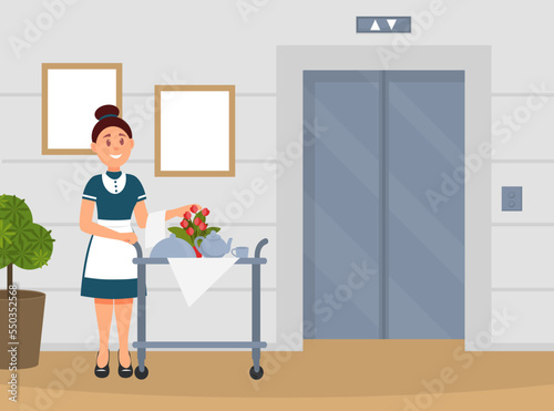 Woman Waitress as Hotel Staff with Served Food on Trolley Standing at Elevator Vector Illustration