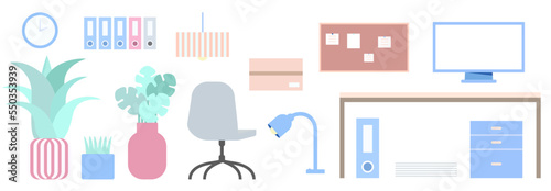 set of items, chair, pinboard, desk, computer, lamp, pot plants, ring binder, icons, flat vector illustration