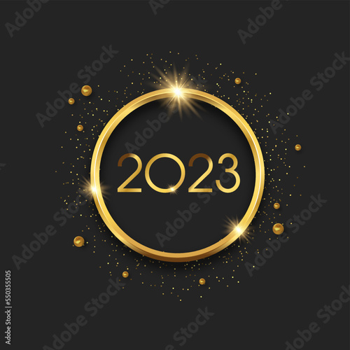 New Year 2023 Gold 3d ring circle frame in black background
