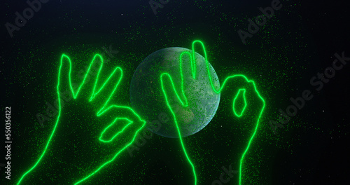 Two hands show okay sign in space among planet earth rotating, stars. Abstraction, 3d render, neon glowing lines and particles. Green outline of hands. © Oleksii