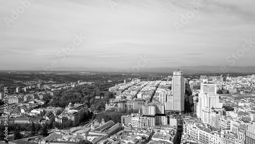 Madrid, Spain. Aerial view of city center. Buildings and main landmarks on a sunny day