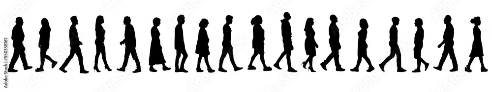 silhouette of a line of group of a people walking on white background