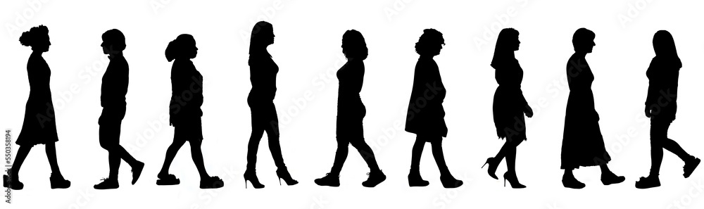group of a women walking on white background