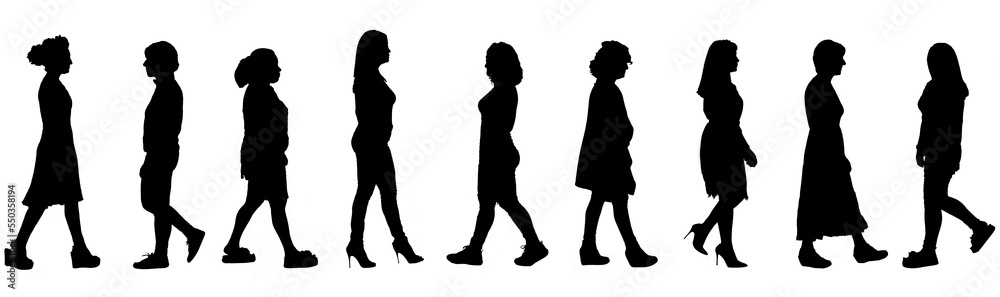 group of a women walking on white background group of a women walking on white background