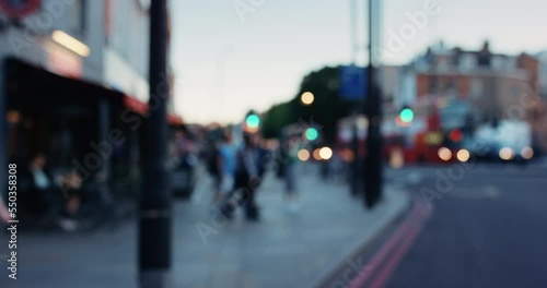 Wallpaper Mural Travel, car and bus in city with bokeh street lights, movement and blurry effect on London road. Sunset, transportation and evening urban travelling journey with people walking on sidewalk. Torontodigital.ca