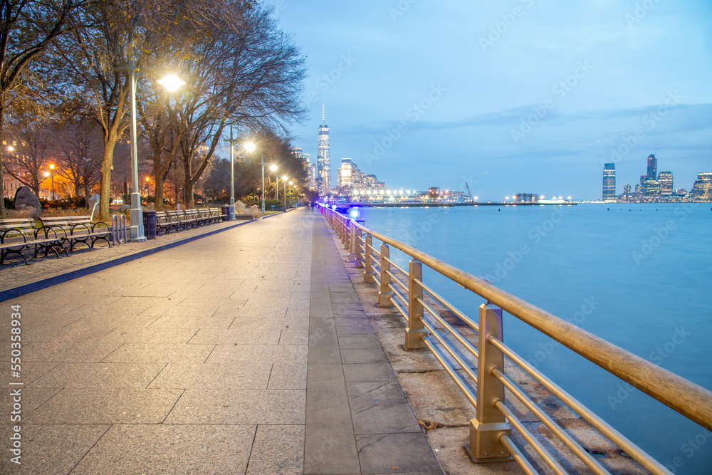 Promenade along Hudson River at night, New York City