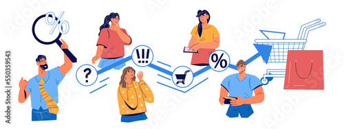 Clients consumption spending and customer shopping habits research for retail marketing, flat vector illustration isolated on white background. Study and analysis of consumer demand and behavior.
