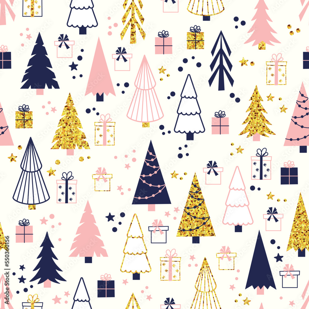 Vector Christmas pattern with fir trees and gifts