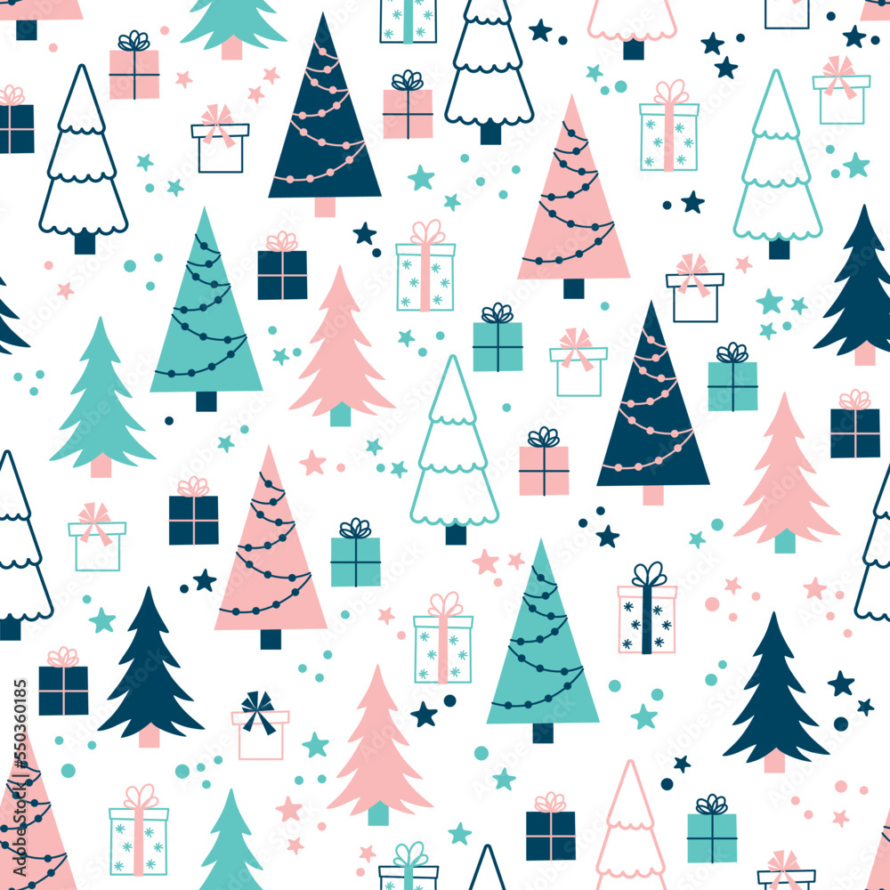 Vector pattern with Christmas trees and gifts
