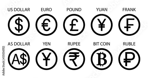 Currency icon. Symbol of dollar, euro, pound, yen, yuan and ruble. Sign of exchange international currencies. Gbp, rupee, australian dollar and bitcoin. Set for investment, credit and payment. Vector