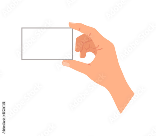 Hand hold credit or business card. Arm with blank paper card. Give and take. Icon for photo, showing, presentation, document and identity. Cartoon vector illustration