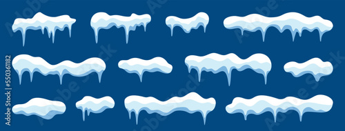 Snow caps. Christmas and winter elements. Cartoon snowballs for decoration. Frozen and ice design textures. Icicle cap for xmas. Vector illustration