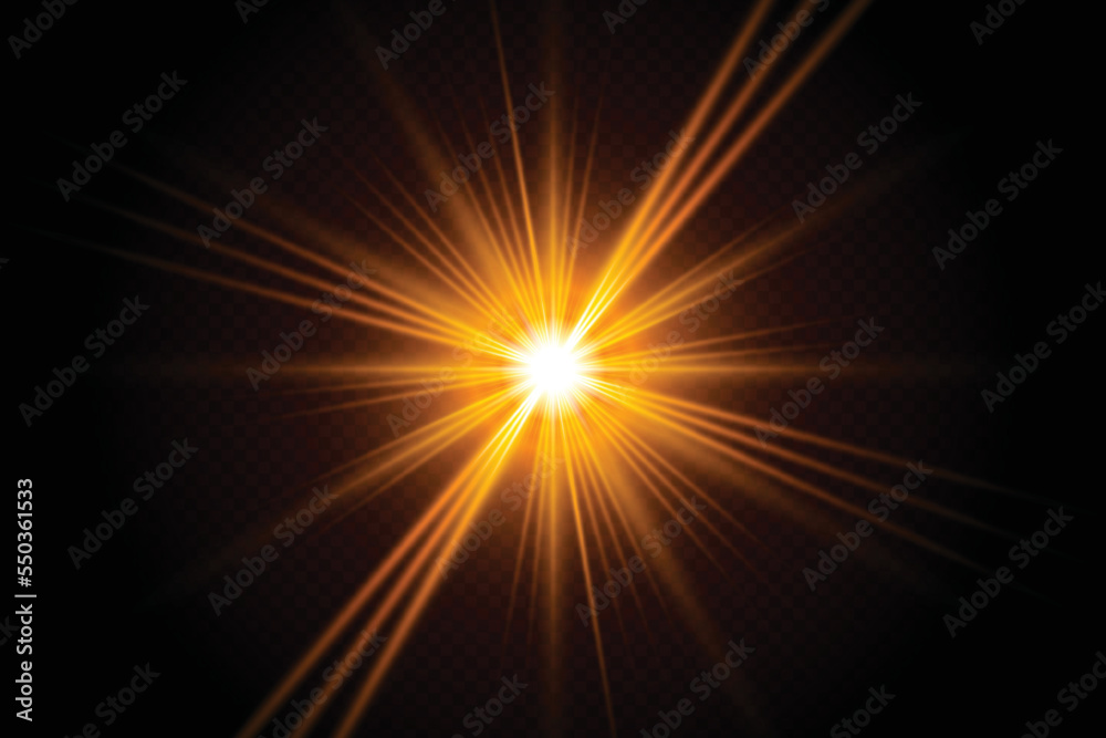 Sun blast effect with golden light lens flare black background