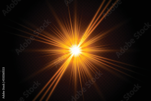 Sun blast effect with golden light lens flare black background