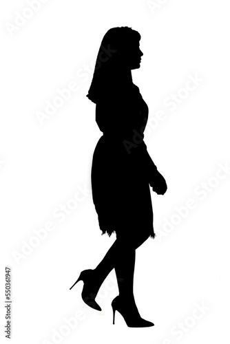 sideways of latin woman with dress and high heels walking on white background,