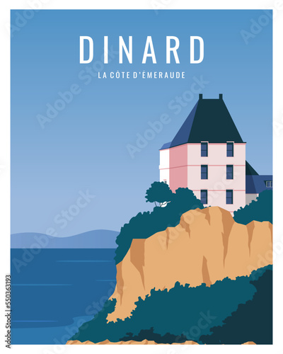 Slika na platnu travel poster of ocean coast with historical villas in Dinard, Brittany, France